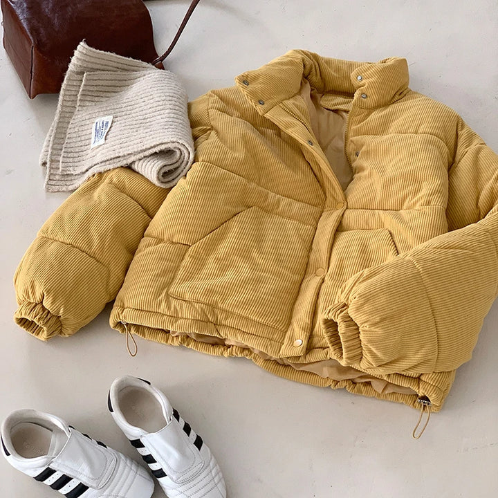 Aoaiiys Thicken Parkas Women Turtleneck Down Cotton Corduroy Jackets Simple Solid Single Breasted Outerwear Winter Clothes Woman