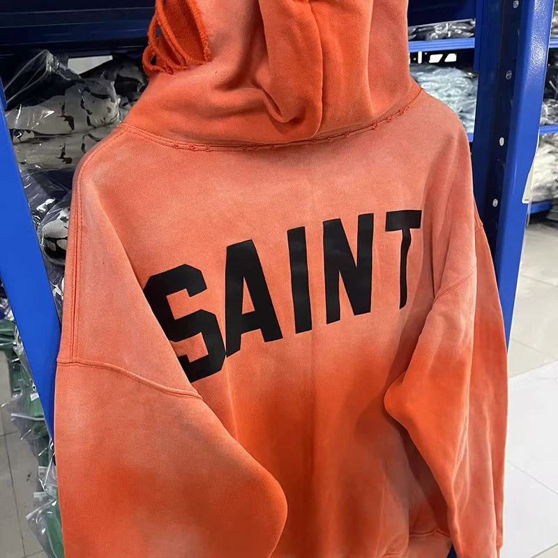 Simple Classic Letters Logo Print Orange Saint Hoodie Hooded Men Women Streetwear Vintage Washed Damaged Hole Pullovers - ATFH
