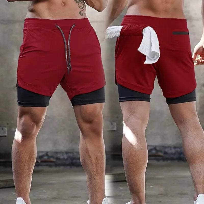 2 in 1 Men's Outdoor Running Shorts Quick-drying Fitness Training Double Layer Sweatpants New Sport Bottoms Bodybuilding Pants