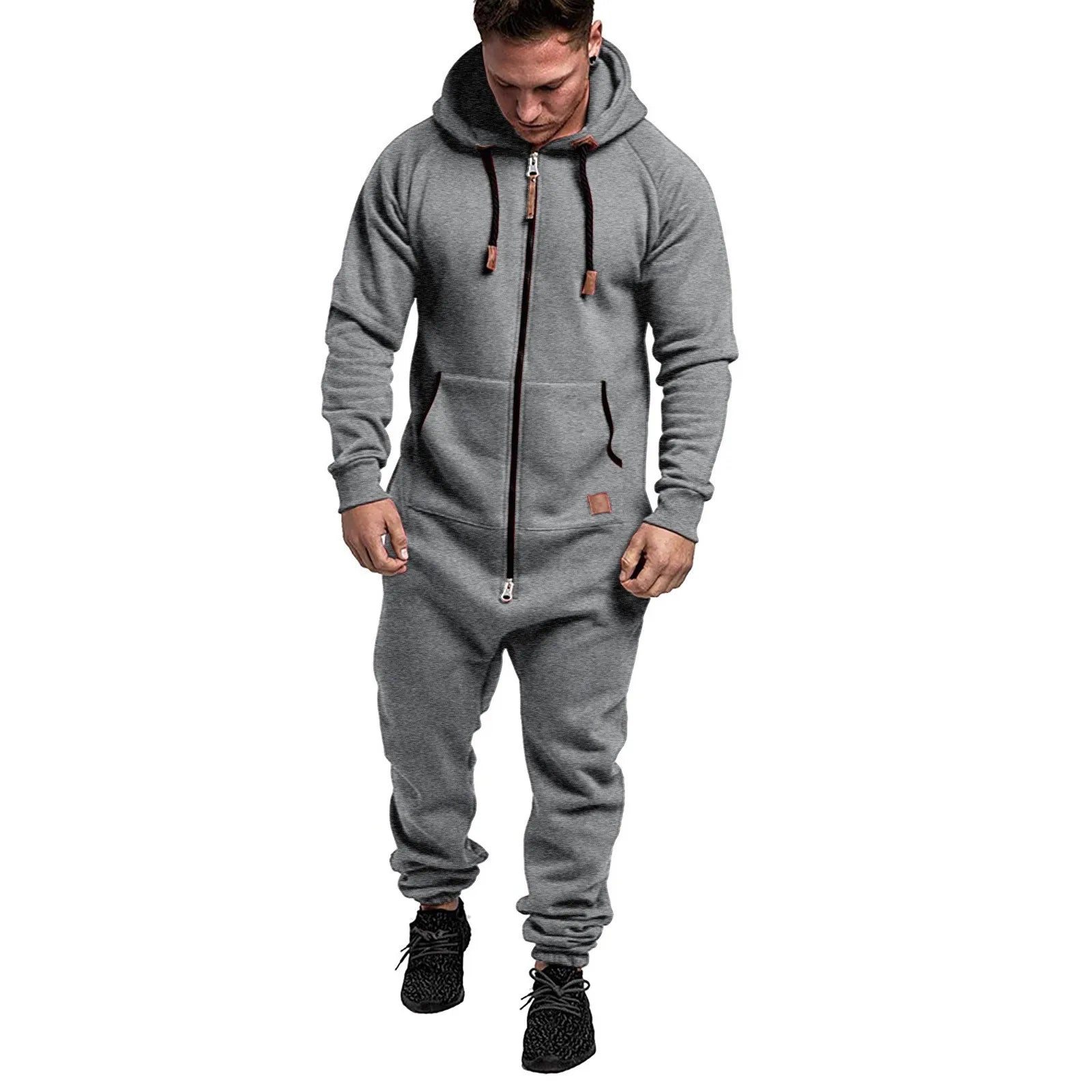 New Custom Design Jumpsuit Pajamas Long-sleeved sports pants solid color splicing casual sweater men's zipper hoodie - ATFH
