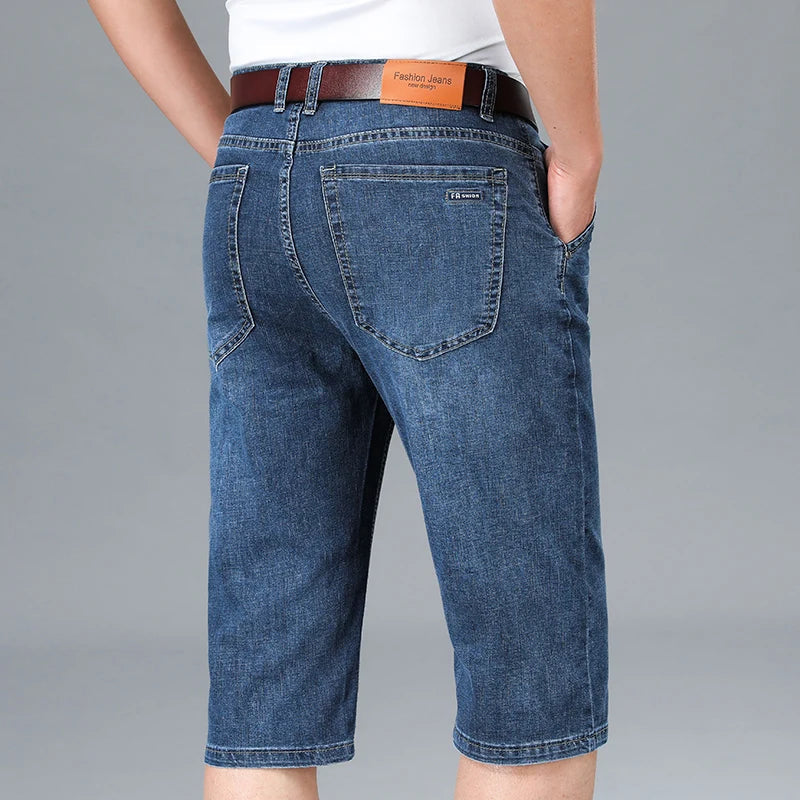 Summer Men's Thin Stretch Short Jeans Business Casual Blue Straight-leg Cotton Denim Calf-length Pants Male Brand Clothes ATFH