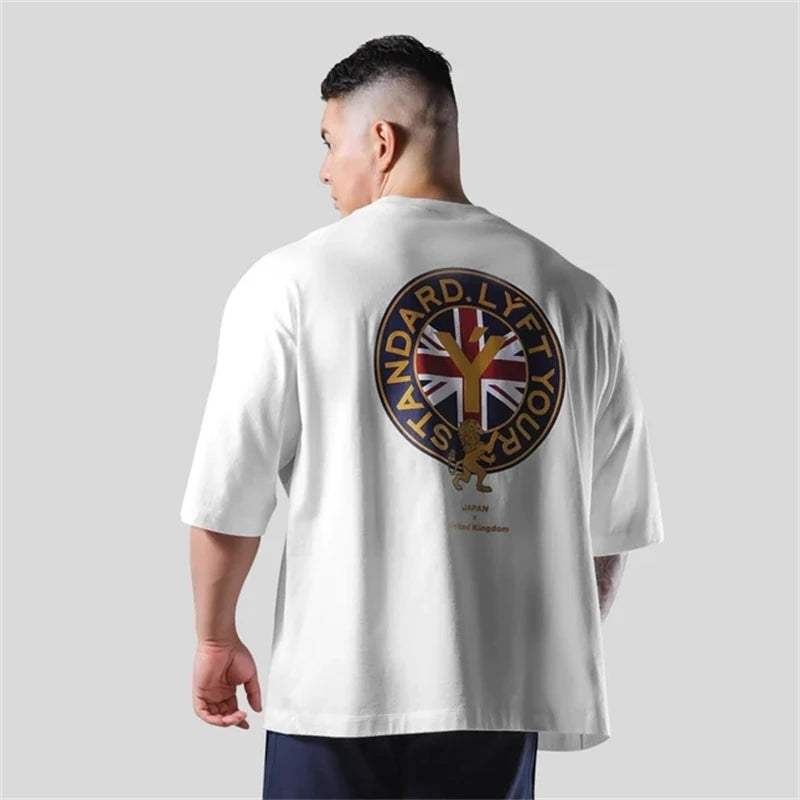 LYFT Men Cotton Black White Short Sleeve Gym Fitness Oversized T-Shirt Summer Fashion Loose Casual Men's Shirt Sports Tees Tops ATFH