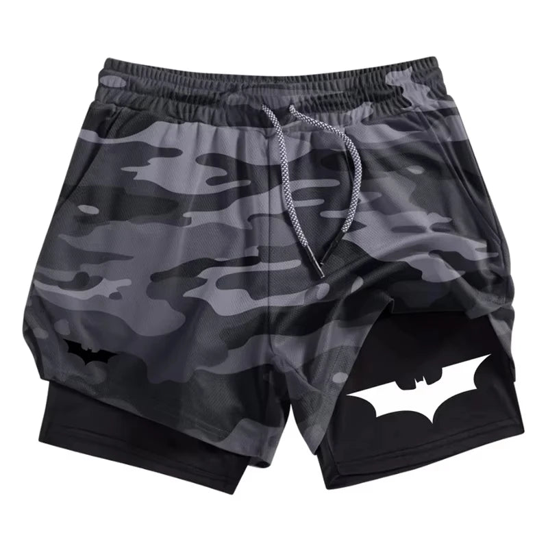 Men's Bat Print 2-in-1 Performance Shorts, Breathable Quick Drying Sports Shorts with Phone Pocket, Gym, Training, Running,