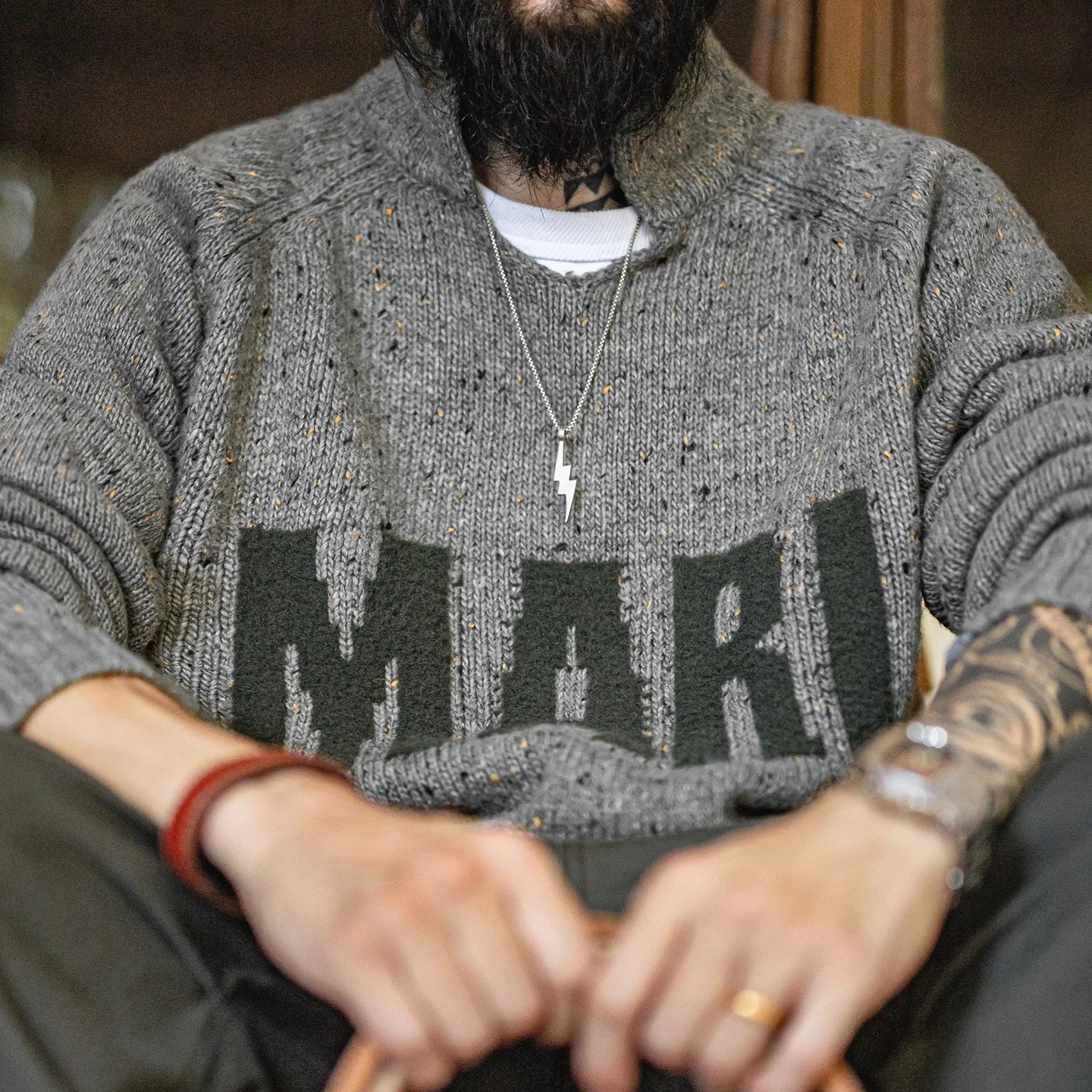 Maden Vintage Men's Gray Letter Jacquard Sweater V-Neck Draped Pullover Thermal Heathered Effect Knitwear for Autumn Winter - ATFH