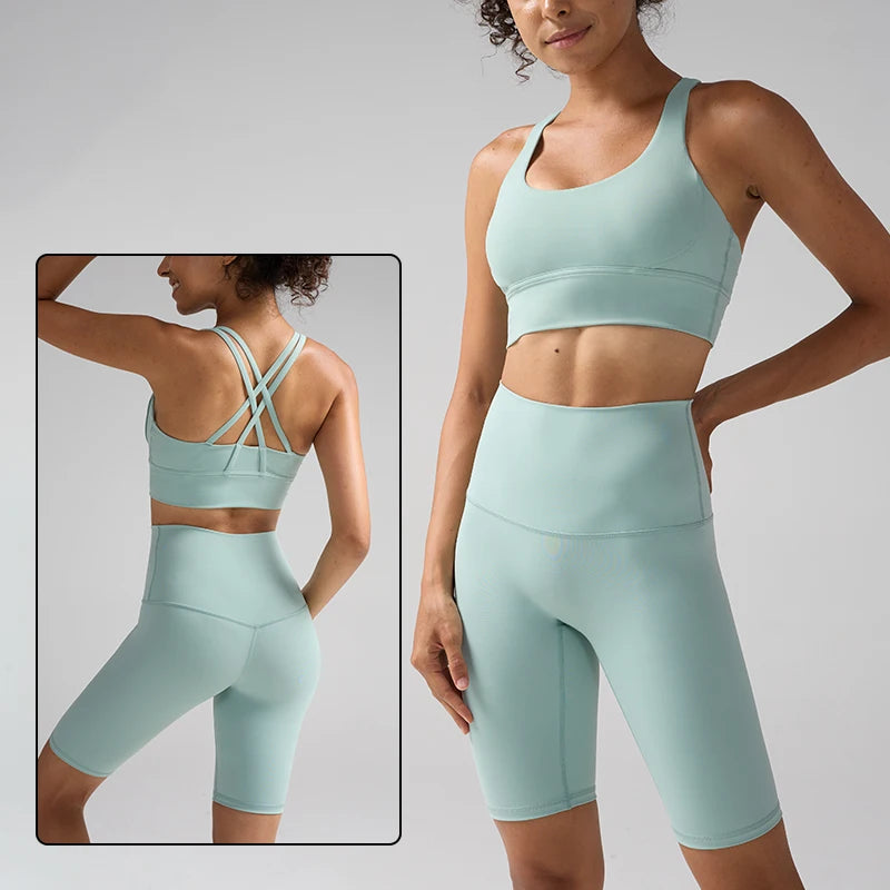 Women's 2 Piece Yoga Gym Sports Clothes Set Cross Back Bra Top with High Waist Shorts Fitness Running Workout Tracksuit - ATFH