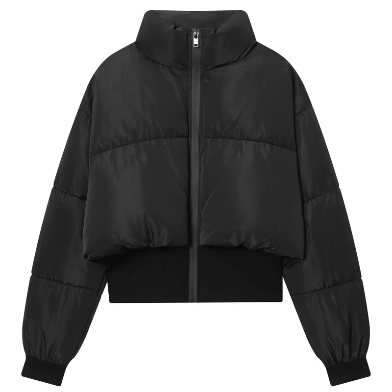 HXAO Black Lightweight Padded Jackets Women's Jacket Winter Crop High Neck Long Sleeve Quilted Jacket Woman Insulated Outerwears
