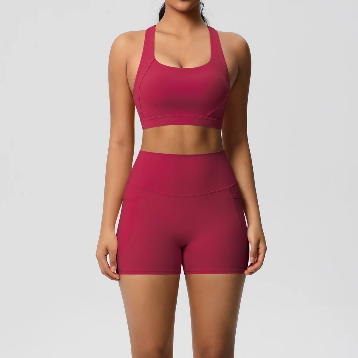 2PCS Sportswear With Pocketed Yoga Set Gym Clothes Yoga Suits For Women Tracksuits Sports Shorts Crossover Bra Gym Leggings - ATFH