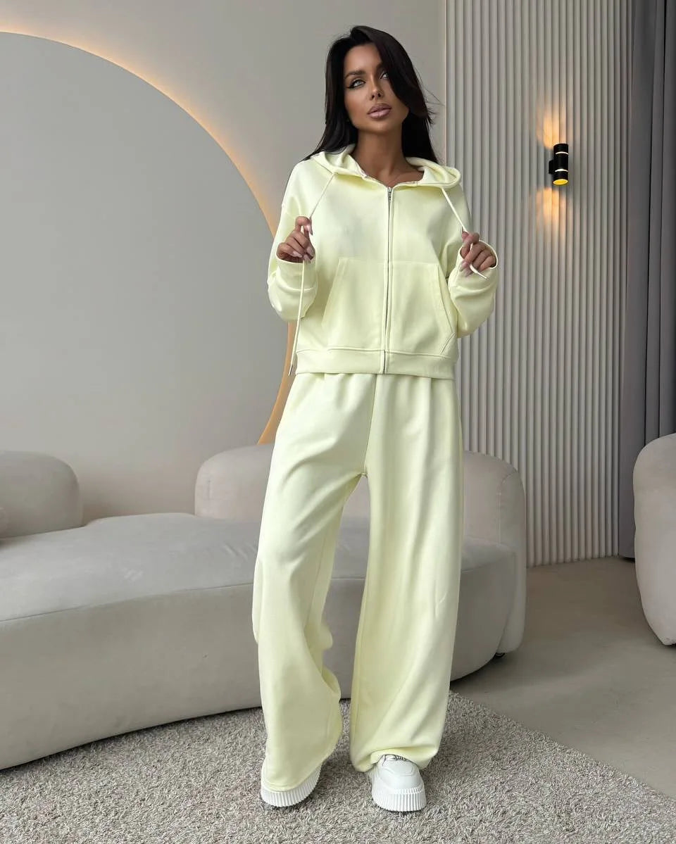 Cotton Hoodies Sweatshirt Two-piece Suit Women Casual Sports Sets Autumn Zip-up Short Coat Straight Trousers Loose 2-piece Sets