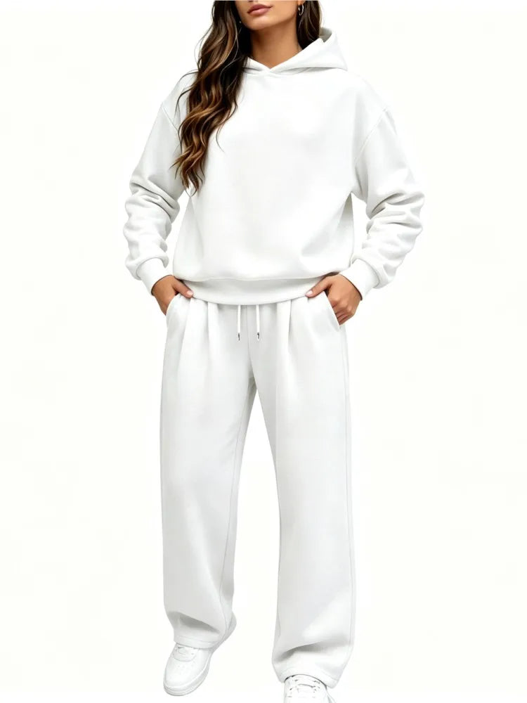 Casual Hooded Sweatshirt Set 2026 Autumn And Winter Solid Color Long Sleeved Women's Fashionable Loose Women's Top Two-piece Set