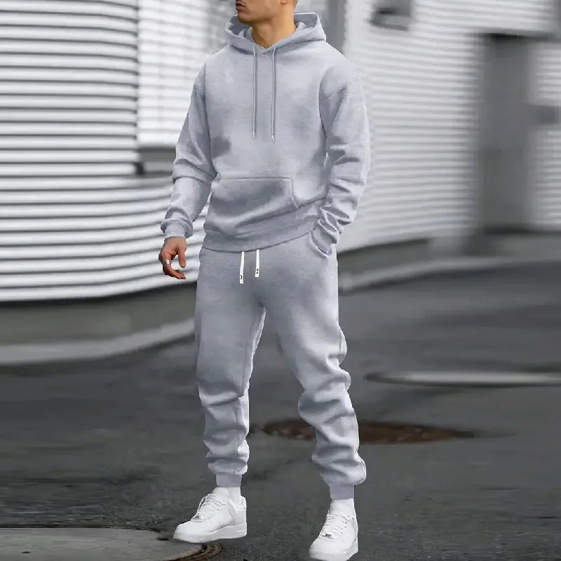 Spring and Autumn Set Men's Casual Sports Fashion Trend Comfortable Simple Running Set Solid Color Hoodie and Pants - ATFH