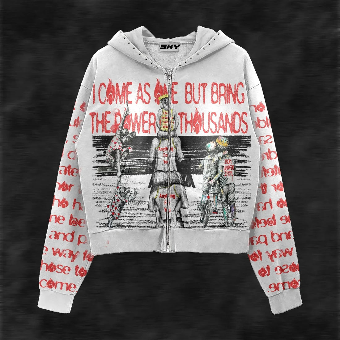 Y2K Style Hoodie with Pearl Details, Gothic Letter Print Zip-Up Hooded Sweatshirt - ATFH