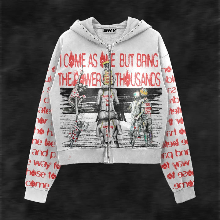 Y2K Style Hoodie with Pearl Details, Gothic Letter Print Zip-Up Hooded Sweatshirt - ATFH