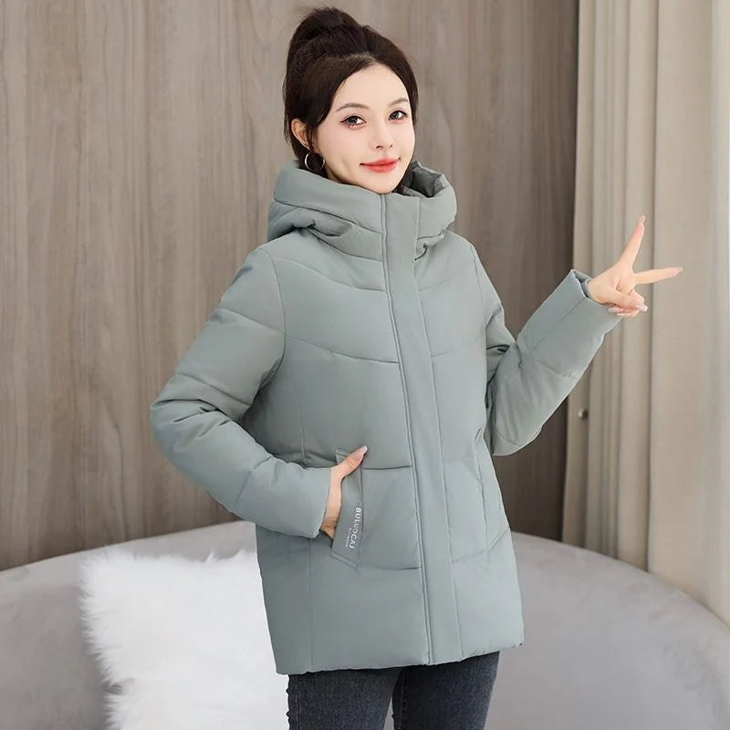 Women Short 2025 Winter New Solid Color Cotton Coats Thicken Hooded Warm Casual Coats Pockets Letter Windproof Soft Coats