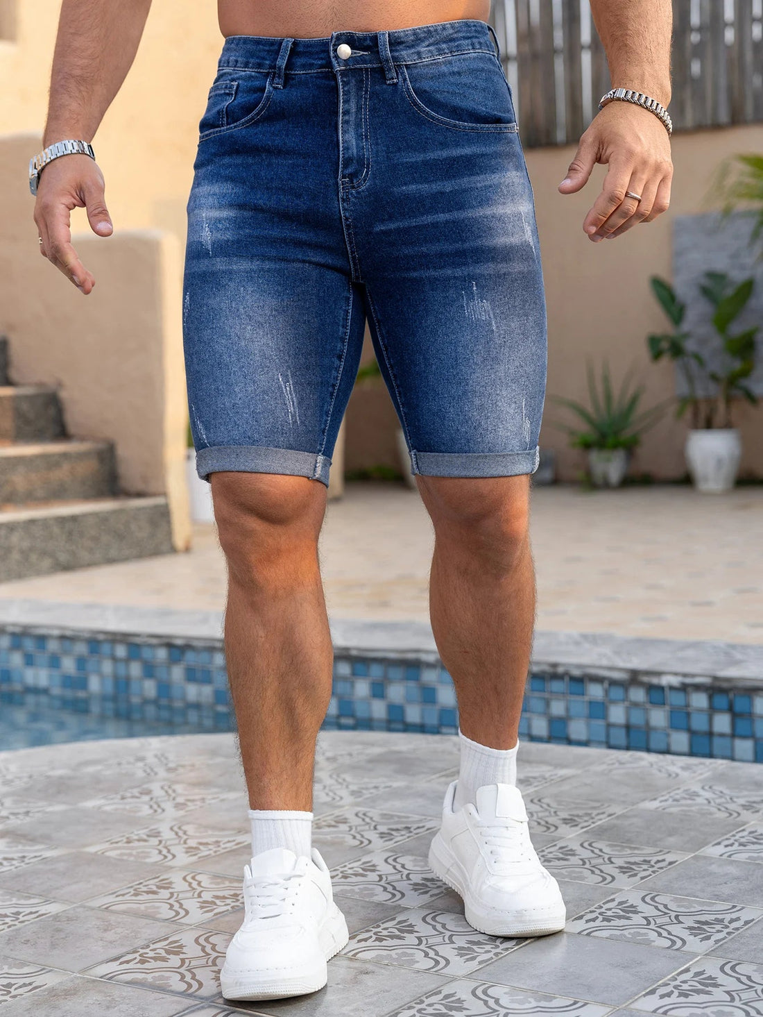Men Denim Jeans Pants Clothing Trousers Shorts Men's Dark Wash Rolled Cuff Casual Denim Shorts ATFH