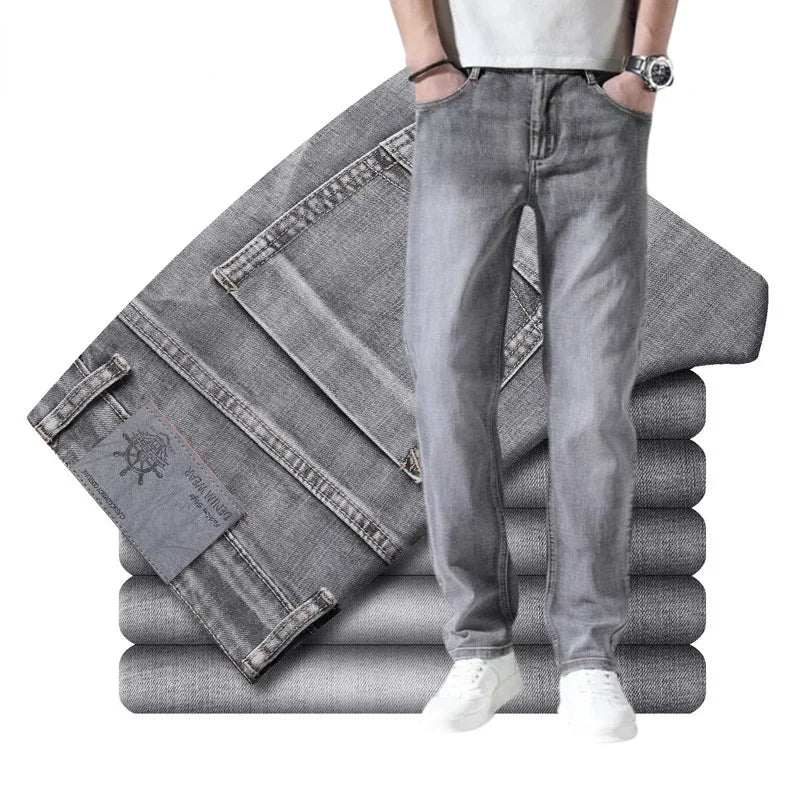2026 Cotton Stretch Jeans Business Casual Men's Thin Denim Jeans Grey Spring Summer Brand New Fit Straight Lightweight ATFH