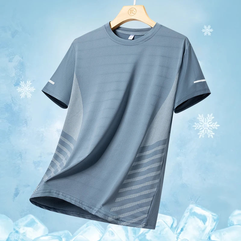 Running T-shirt Men Summer Ice Silk Thin Top Reflective Printing Quick Dry Short Sleeve Breathable Fitness Sports T-shirt 5XL ATFH