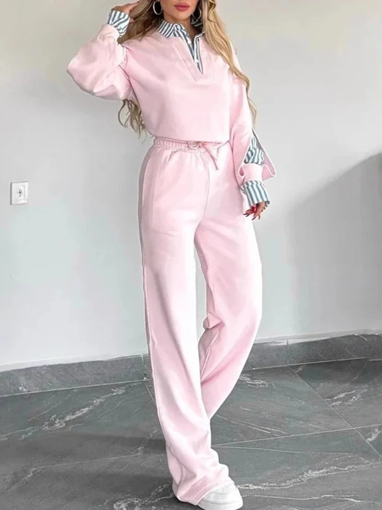 Casual Pink Sports Pants Set Women Hooded Pullover Long Sleeve Top Elastic Waist Drawstring Straight Trousers Autumn Outfits
