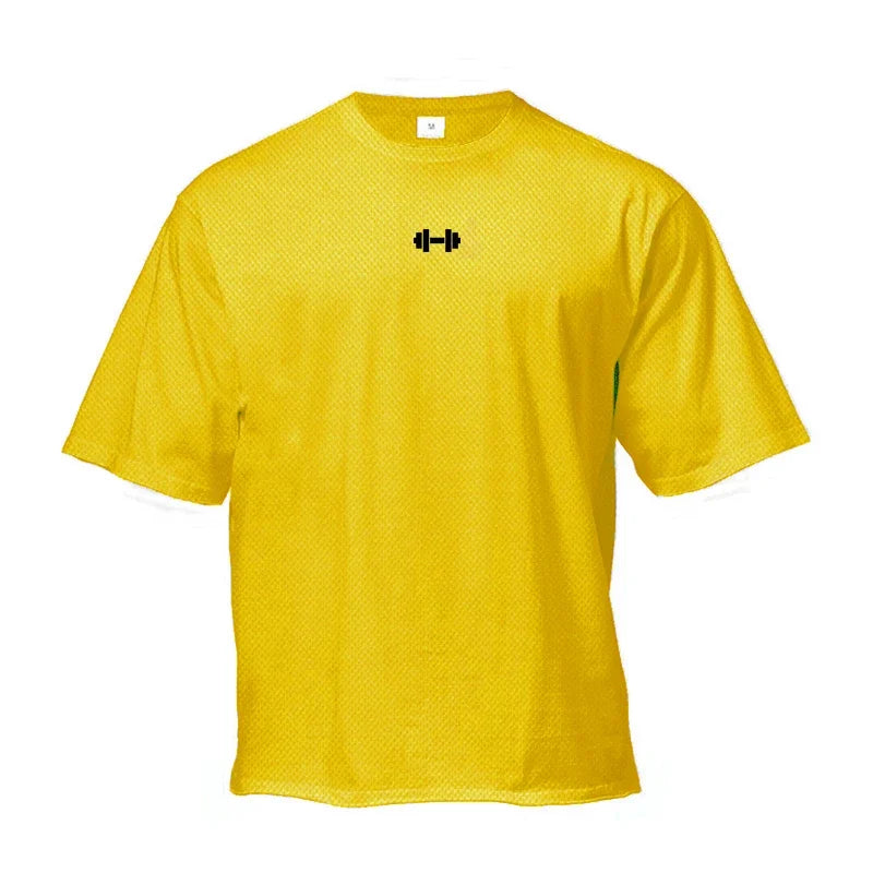 Oversized Loose Gym Clothing Mesh Quick Dry Bodybuilding Fitness Men Short Sleeve Barbell print Sport Streetwear Workout T-Shirt ATFH