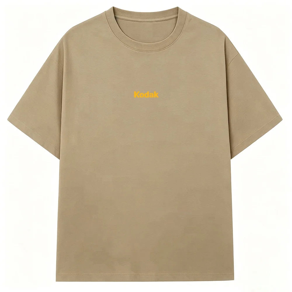Black Kodak Basic Red Center Logo Graphic Tee, Simple White-on-Black Brand Print, Cotton Crewneck for Daily Casual Wear ATFH