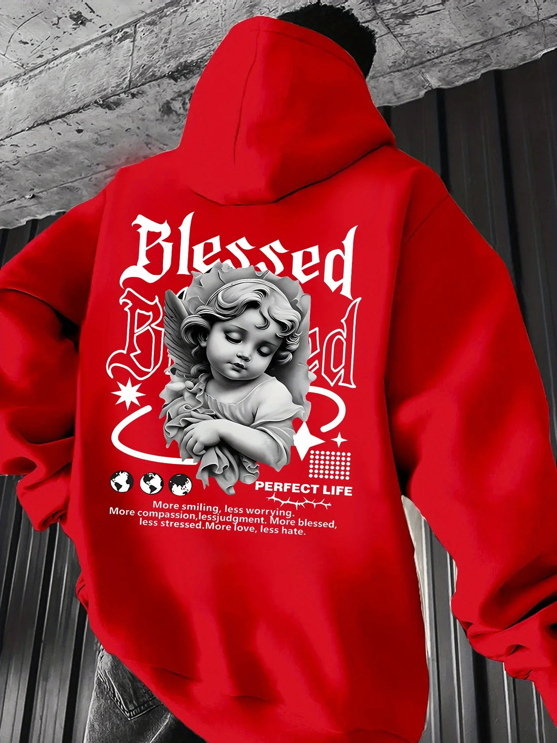 Men's Aesthetic Angel Hoodie Hip Hop Sports Streetwear Blessed Vintage Cherub Print Casual Loose Pullover Sweatshirt Tops