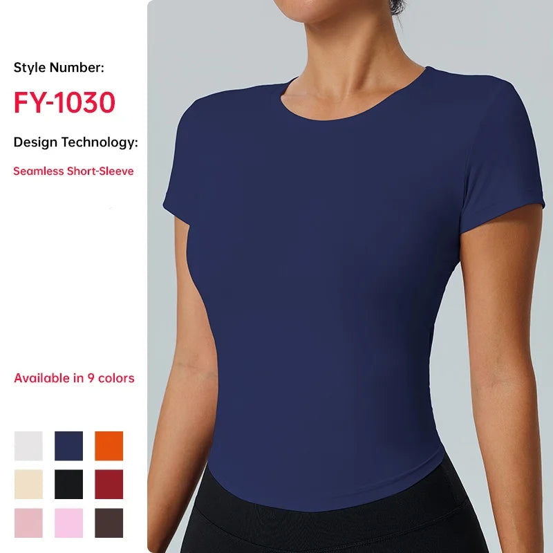 Women's Outdoor Fitness Yoga Top Round-Neck Short Sleeve Quick-Dry Compression T-Shirt for Running and Yoga - ATFH