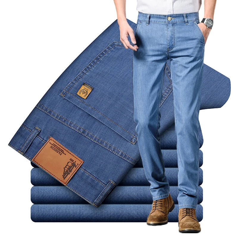 Modal Fabric Summer Thin Men's Jeans Straight Business Fashion Comfortable Breathable Male Brand Clothing Denim Trousers ATFH