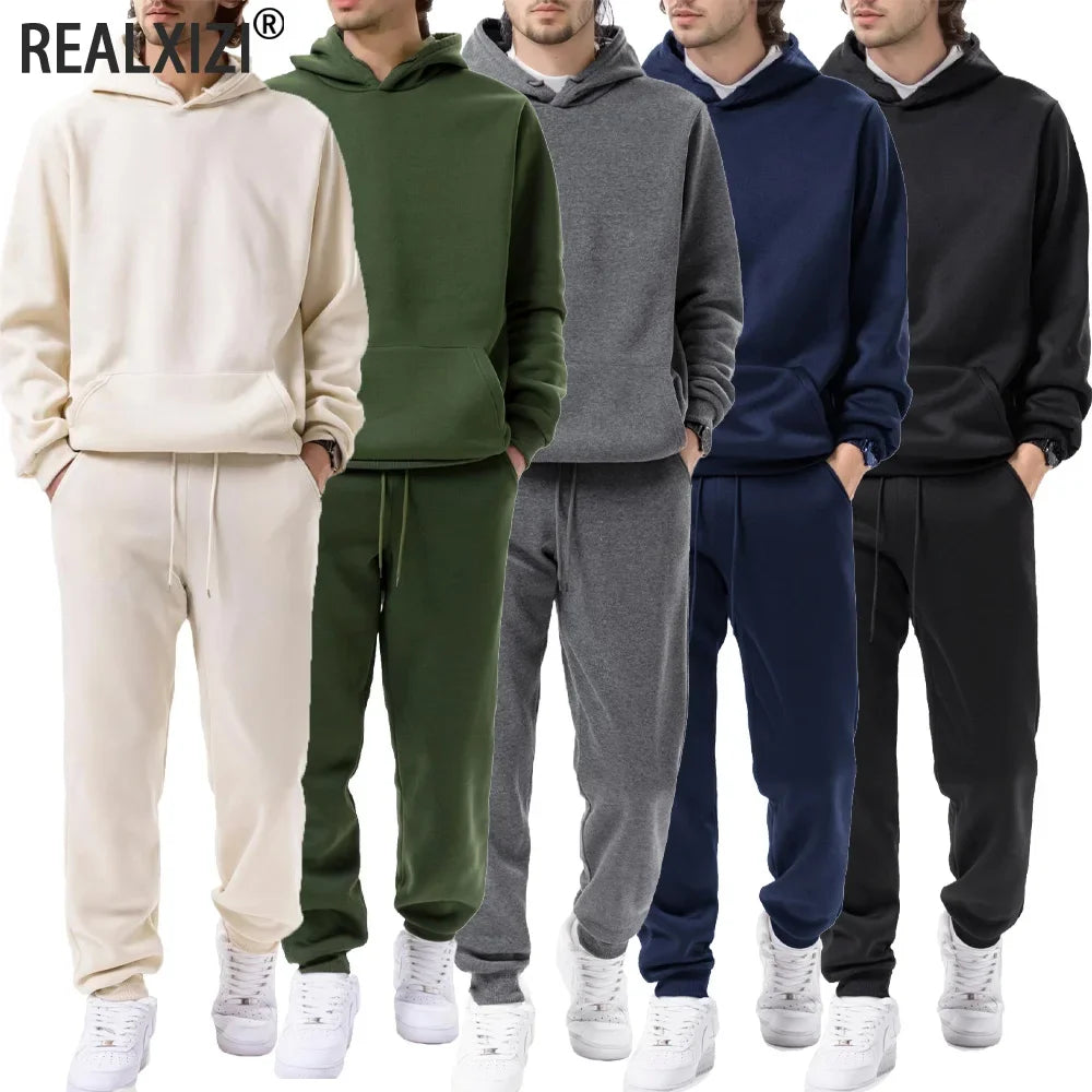 Men's Sports Suit Autumn and Winter Hoodie+pants 2-piece Set Fashionable Solid Color Casual Pullover and Pant Outdoor Sportswear - ATFH
