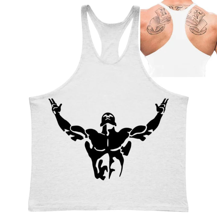 Men's white tank top made from cotton-elastane with bold black muscular silhouette graphic