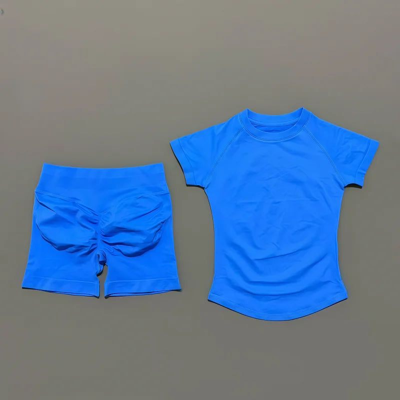 2 Pieces HISTELLO Sports Sets Short Sleeve Seamless Yoga Top Fitness Set Women Workout Running Sports Shorts Gym Suit - ATFH
