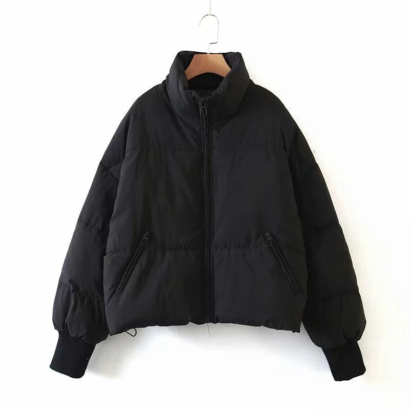 Women's Winter Stand Collar Jacket Baggy Short Padded Down Coats Cropped Puffer Long Sleeve Zipper Coats