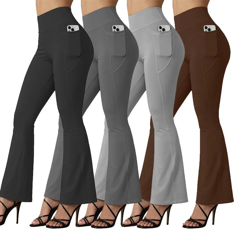 High Waisted Flared Yoga Leggings Women Butt Lifting with Pocket Design Wide Leg Leggings Running Tights Plus Size Gym Pants ATFH