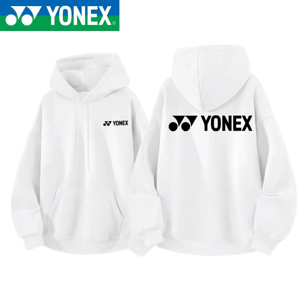 YONEX 2026 cotton hooded jacket with multi-color logos printed on the front and back, suitable for outdoor sports such as badmin