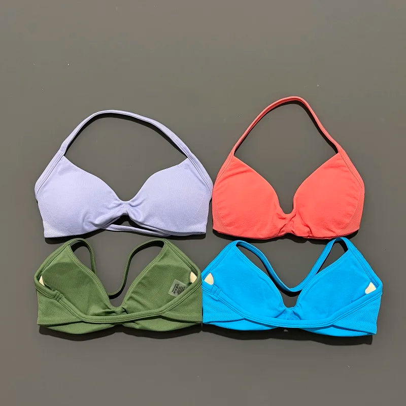 Sports Strappy Bra Yoga Underwear Women Gym Top Running Exercise Backless Bra High Support Active Wear Fitness Workout Halter - ATFH