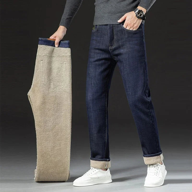 Men Winter Thermal  Loose Straight Jeans Male Fashion Snow Warm Plush Fleece Denim Pants Classic Simplicity Blue Black Trousers ATFH