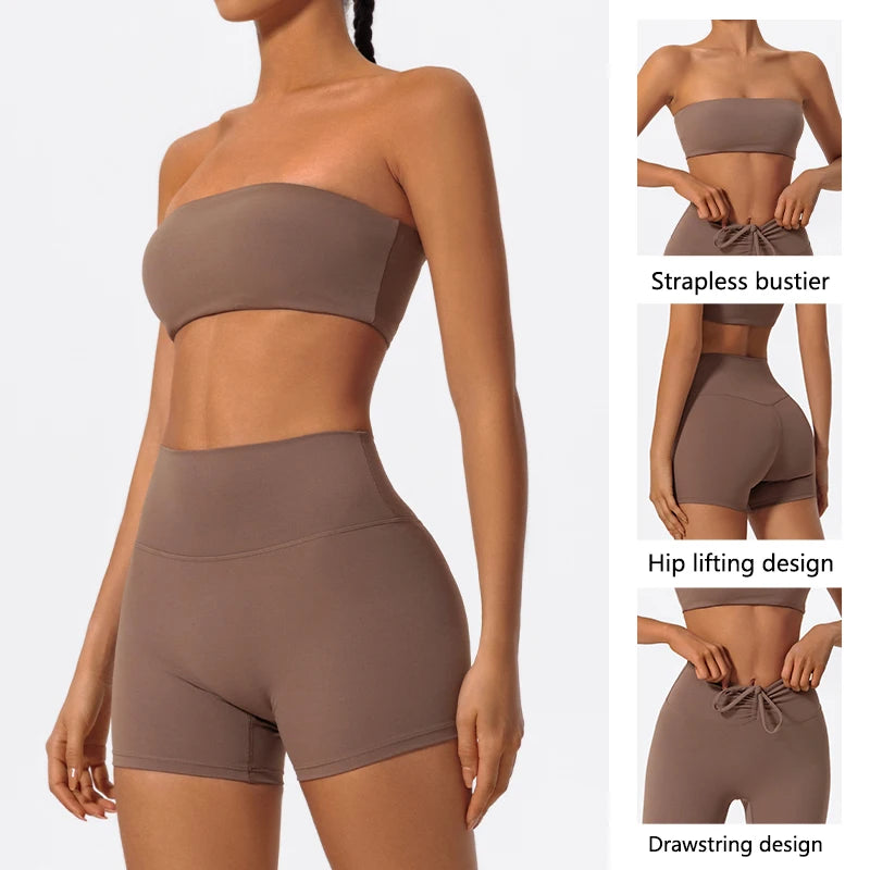 Summer Two Piece Fitness Sports Set Women Workout Yoga Outfit Strapless Bra Woman 2Ps Gym Crop Top Deportivos Mujer Gym Suits - ATFH