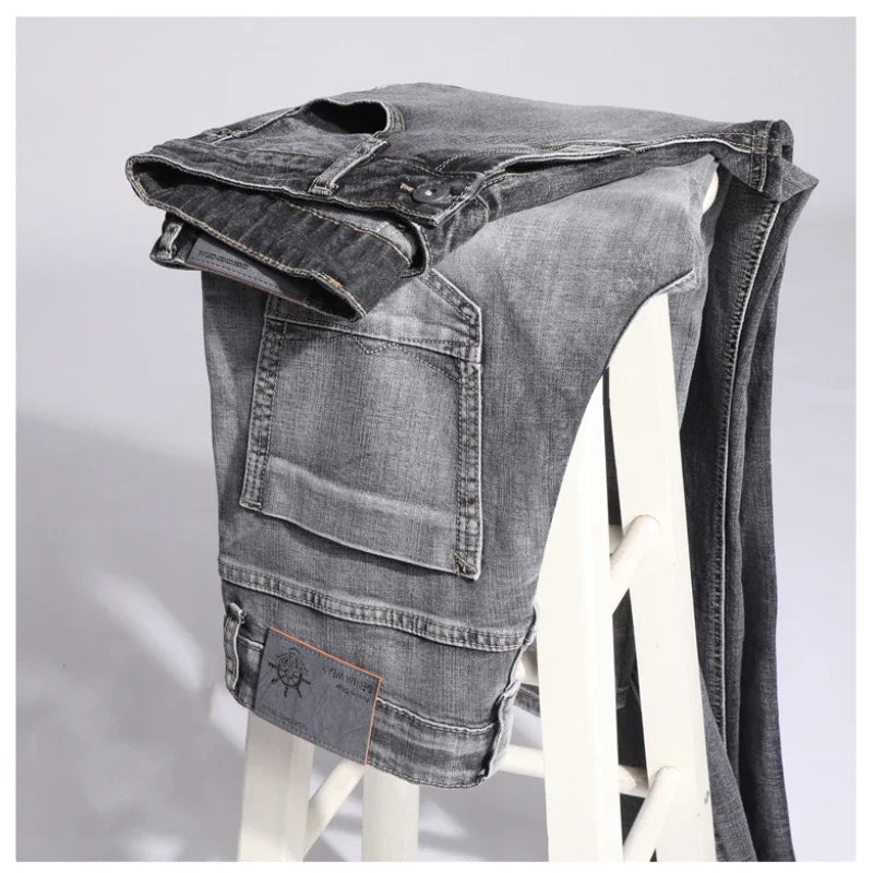 Cotton Stretch Jeans Business Casual Men's Thin Denim Jeans Grey Spring Summer Brand New Fit Straight Lightweight ATFH
