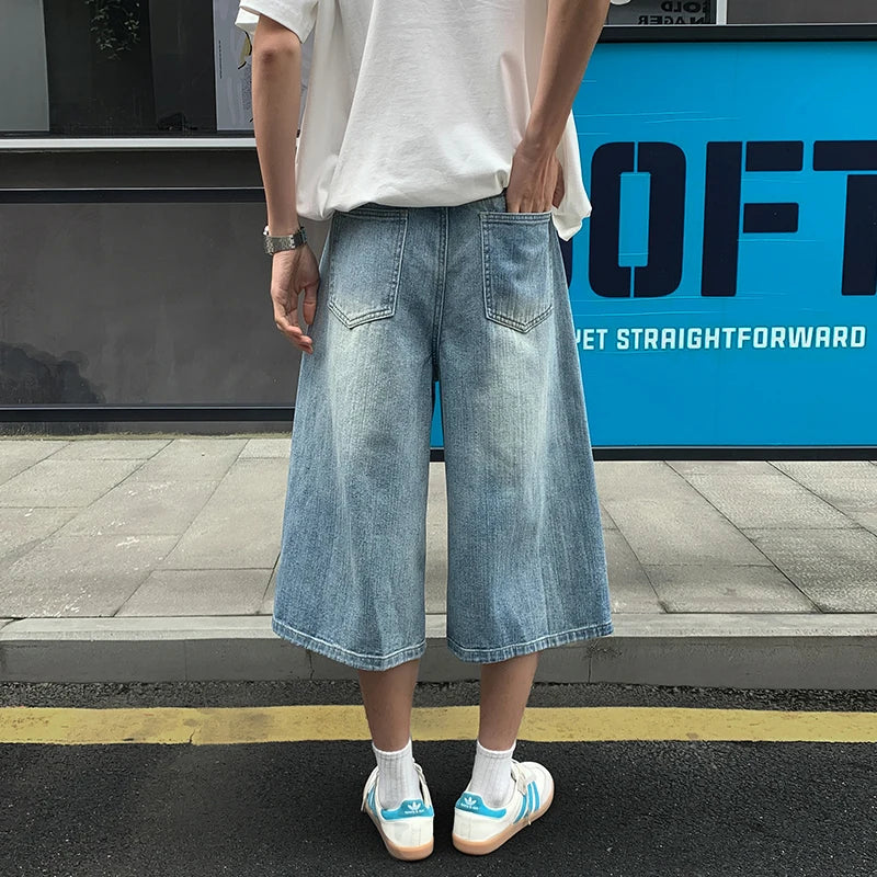 2026 American Street Retro Old Straight Denim Cropped Pants Men's Fattened Large Size Summer Casual Versatile Wide-leg Shorts ATFH