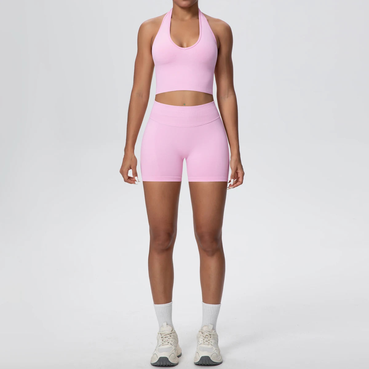 2Pieces Breathable Hanging Neck Bra Fitness Shorts Yoga Set for Woman's Quick-Dry Hip Push Up Seamless Sports Top Yoga Suit - ATFH