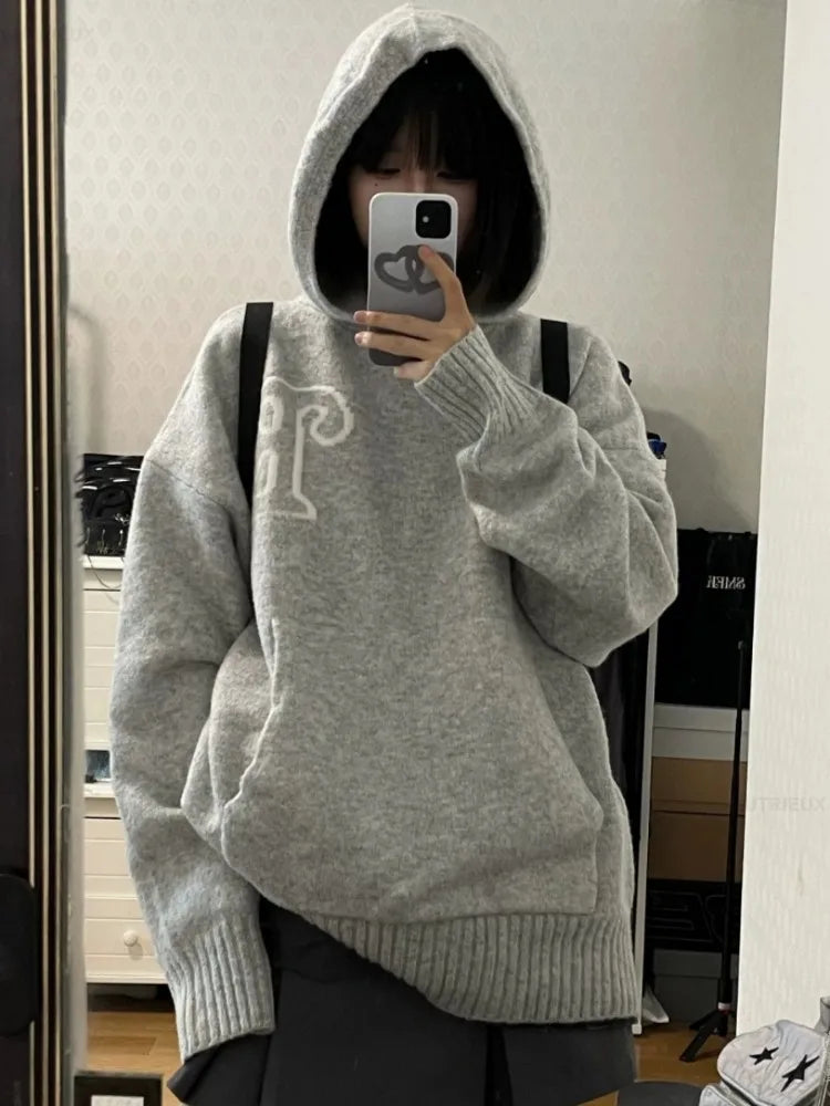 Korean Loose Grunge Vintage Letter Hoodies Streetwear Hip Hop Outerwear Casual Sweatshirt Fashion All Match Simple Women Top Y2k - ATFH