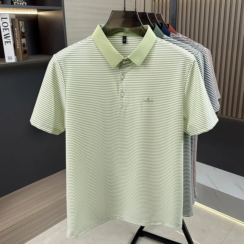 Luxury brand striped short sleeve polo shirt new fashion letter embossed men's T-shirt summer breathable Korean style casual top