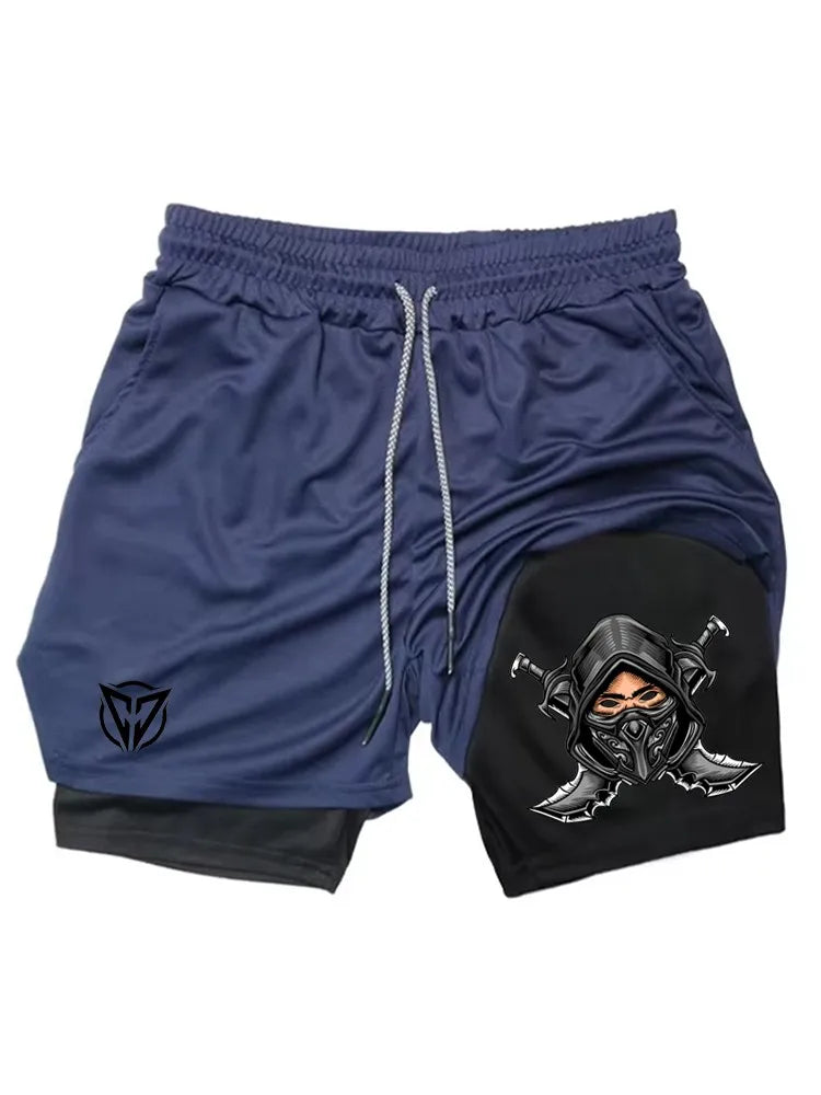 Men's Ninja Graphic 2-in-1 Shorts, Quick Dry Breathable Gym Athletic Workout Streetwear Casual Sports Shorts WX016