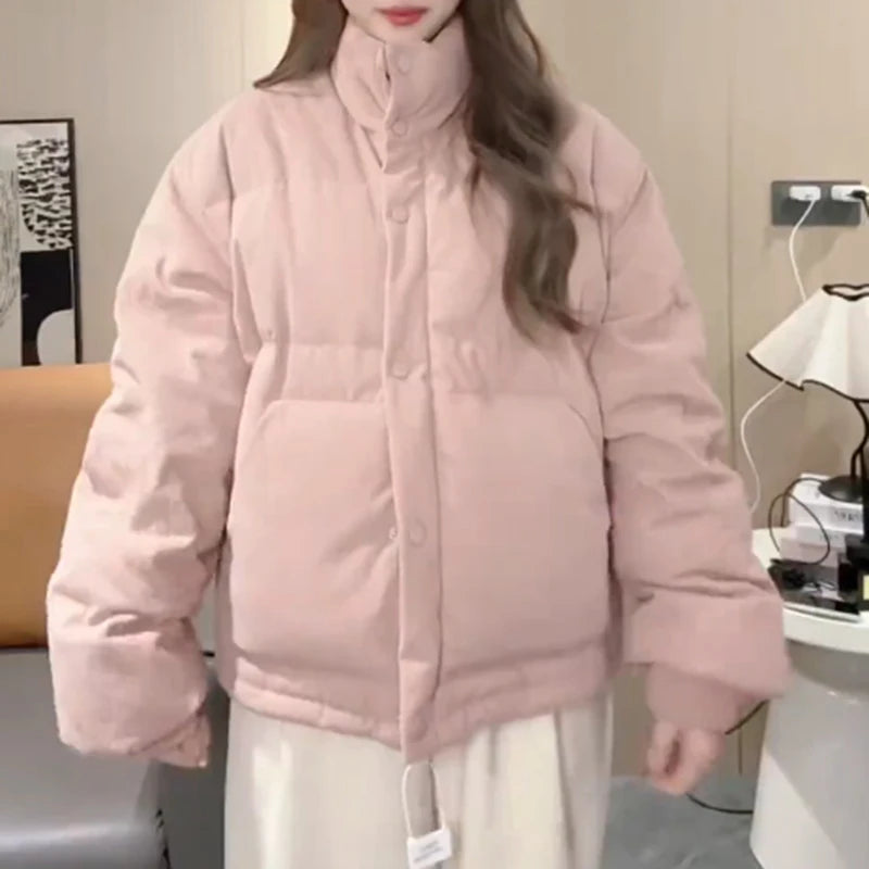 Aoaiiys Thicken Parkas Women Turtleneck Down Cotton Corduroy Jackets Simple Solid Single Breasted Outerwear Winter Clothes Woman