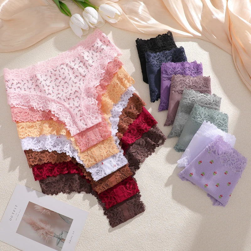 3Pcs Cotton Lace Patchwork Bikini Panties Women Seamless Floral Print Brazilian Pants Low Waist Breathable Female Sexy Lingerie