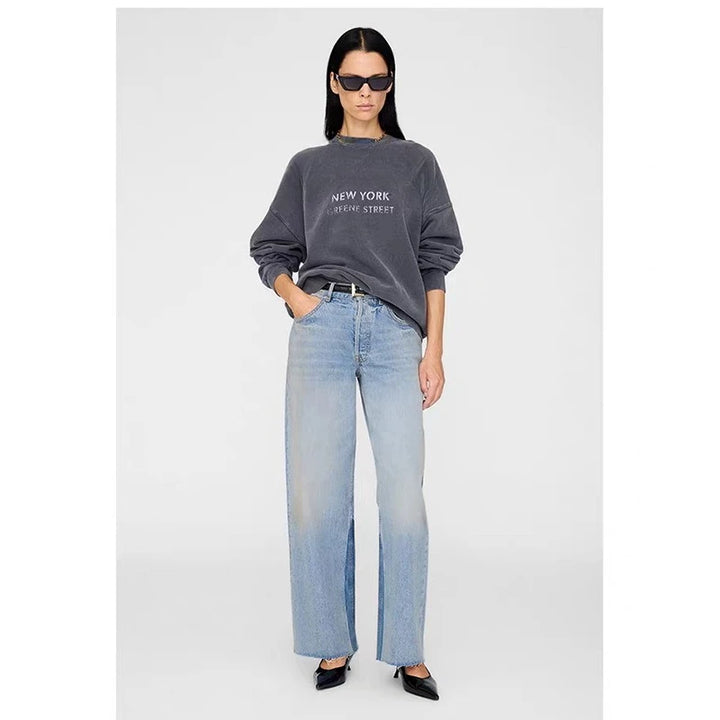 2026 Spring Autumn New Classic Letter Printing, Washing Water, Frying Colors, Old Black and Gray Women's Sweatshirt Pullover - ATFH