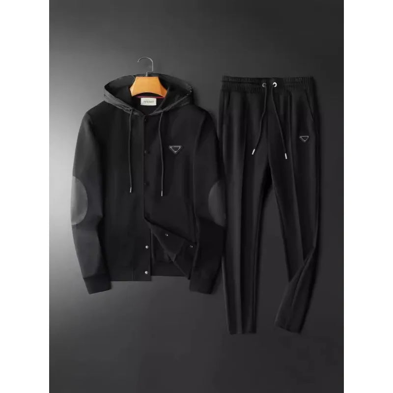 Minglu Autumn Winter Sprot Casual Male Sets Luxury Single Breasted Solid Color Hooded Man Sweatshirts Fashion Mens Sweatpants - ATFH