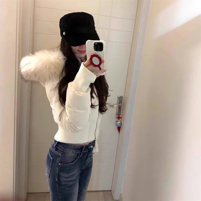 Korean Cotton Jacket Women's Short Winter 2026 New Item Small Cotton Jacket Big Fur Collar Waist Slimming Cotton Jacket Pink