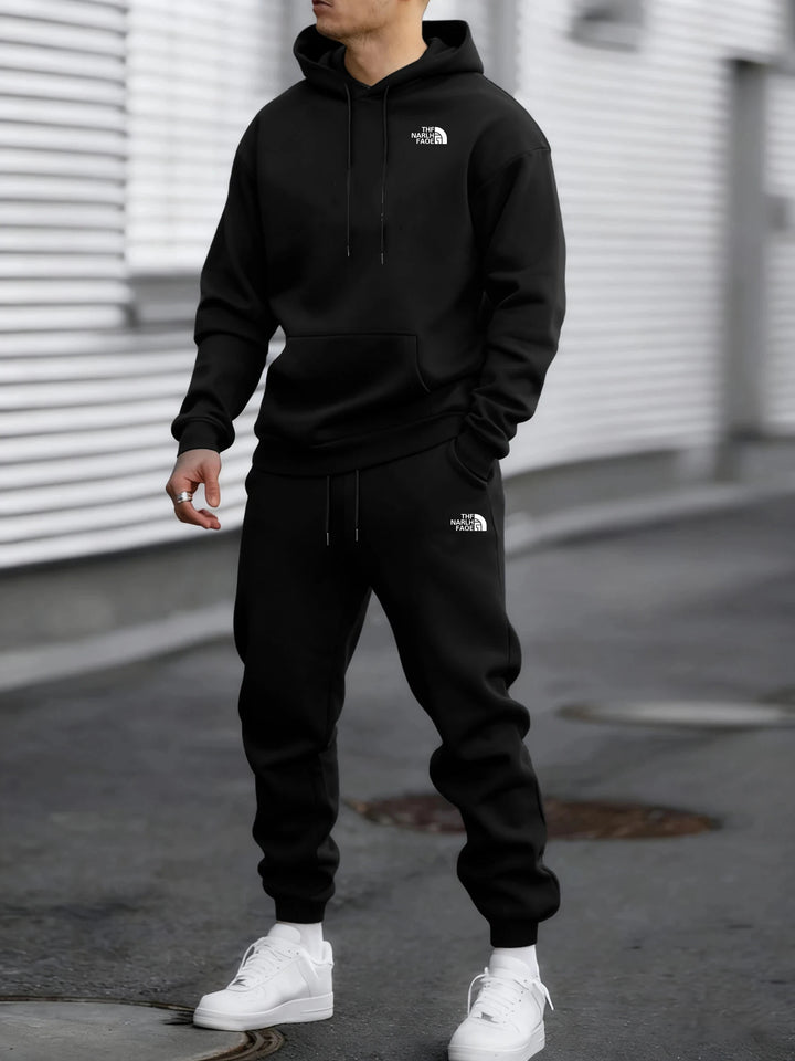 Men's Autumn and Winter Pattern Casual Two-Piece Set Hooded Sweatshirt and Pants withPockets Regular Fit Qutdoor Sport Suit - ATFH