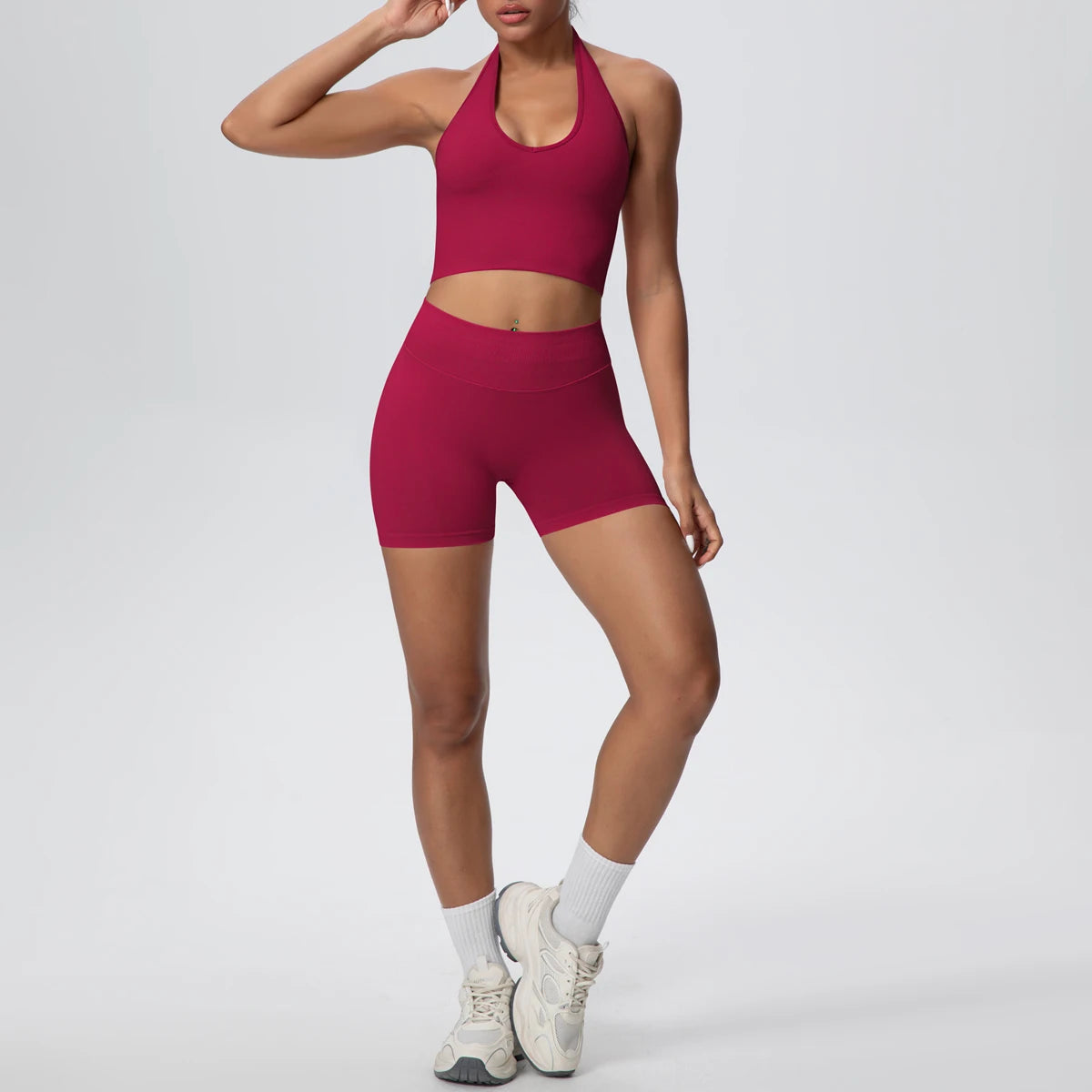 2Pieces Breathable Hanging Neck Bra Fitness Shorts Yoga Set for Woman's Quick-Dry Hip Push Up Seamless Sports Top Yoga Suit - ATFH