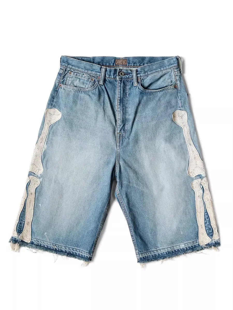 KAPITAL Japan 23SS New Blue-dyed Vintage Washed Loose-fitting Studded Gem Denim Shorts for Men ATFH