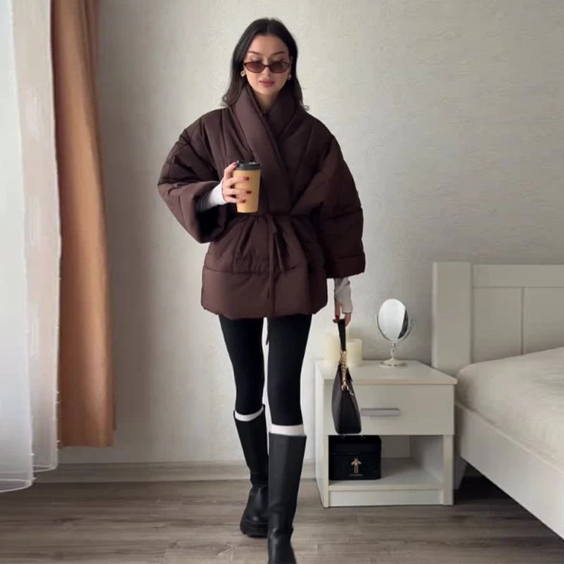Casual Lace Up Women Winter Coats 2025 Belt Stand Collar Zipper Full Sleeve Kimono Jacket Lady Solid Thick Warm Outwear New ATFH